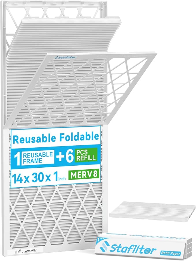 Reusable 14x30x1 Air Filter (MERV 8), 1 Foldable Frame + 6 Refills (Not Individual Filters), Greener HVAC AC Furnace Air Filters MPR 700&FPR 5(Actual Size:13.75"x29.75"x0.75")