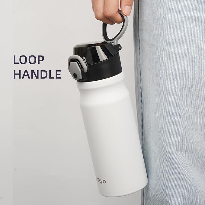 Insulated Water Bottle with Straw and Carry Loop,18 oz Stainless Steel Double Wall Vaccum Metal Water Flask with Leak-proof Lid,White-FlexoryFit