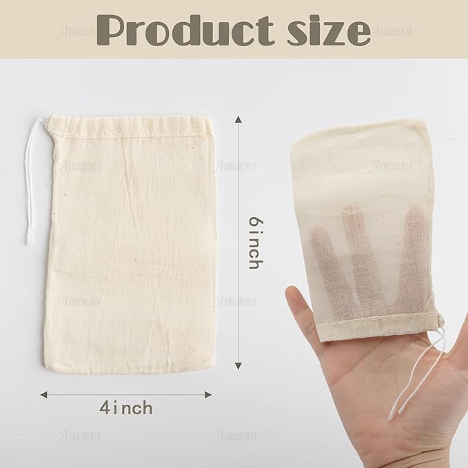 AUEAR, Reusable Drawstring Cotton Soup Bags Coffee Chinese Medicine Tea Bag Brew Straining Herbs Cheesecloth Bone Broth Gravy Stew (12 Pack, 4"x6")