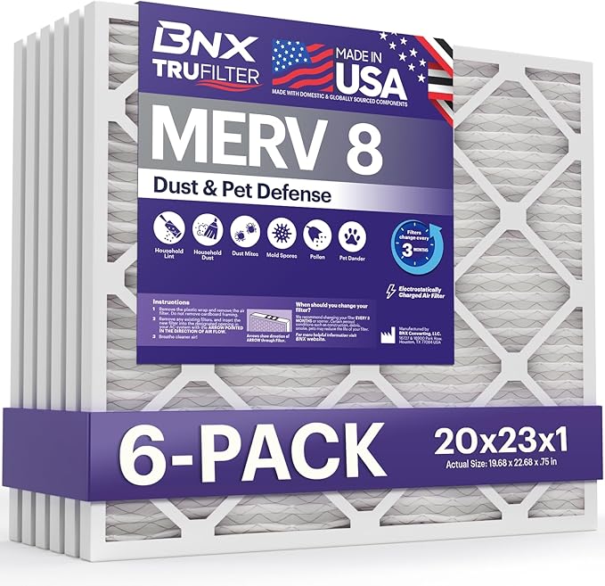 BNX TruFilter 20x23x1 Air Filter MERV 8 (6-Pack) - MADE IN USA – Dust & Pet Defense Electrostatic Pleated Air Conditioner HVAC AC Furnace Filters for Dust, Pet, Mold, Pollen MPR 600 – 700 & FPR 5