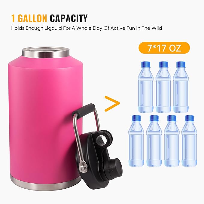 Kerilyn Insulated Gallon Jug with Handle, One Gallon, 128oz Stainless Steel, Large Double Vacuum Water Bottle for Hot & Cold Drinks, Wide Mouth, Sweat Proof, Great for Travel, Camping, Pink-FlexoryFit
