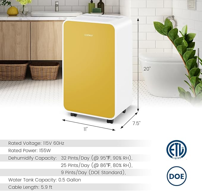 COSTWAY 2500 Sq. Ft Dehumidifier for Basement, 32 Pints Portable Quiet Dehumidifier for Bedroom Bathroom with Sleep Mode, 24H Timer, Auto Shut Off, Auto Defrost & Drain Hose (Yellow)