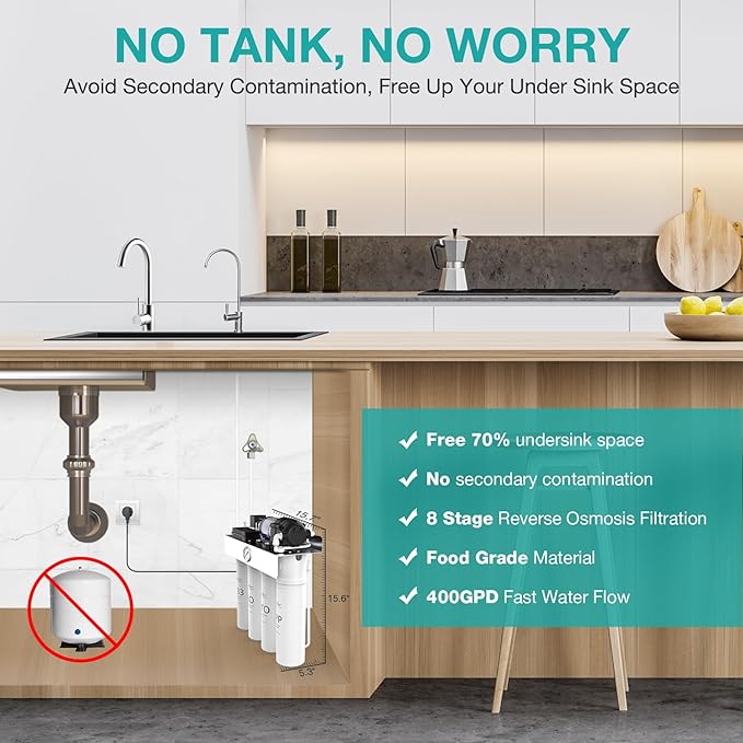 SimPure T1-400UV Tankless Reverse Osmosis System with UV, NSF/ANSI 58 Certified, Under Sink RO Water Filter System 400 GPD, 8 Stage Filtration Near 0 TDS, Built-in Pump, BPA Free, 1.5:1 Pure to Drain