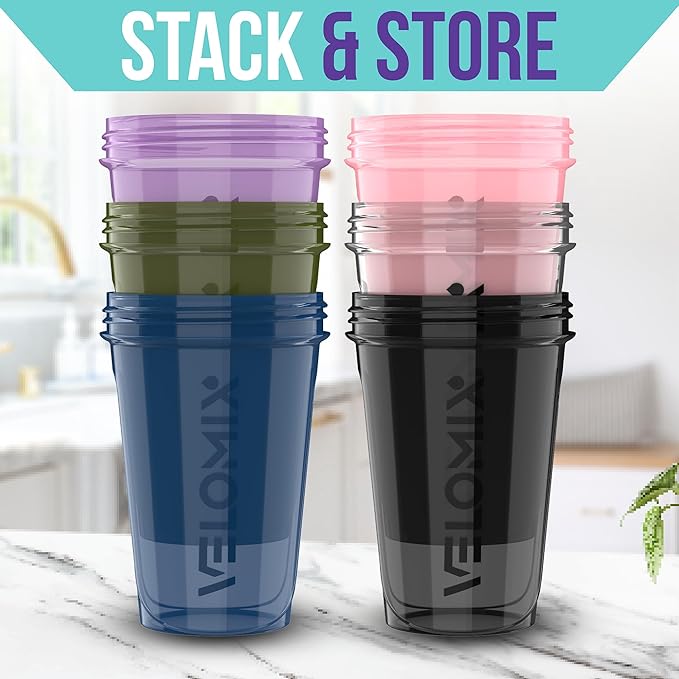 '-6 PACK- Shaker Cups for Protein Shakes 20 oz - 6x Wire Whisk | Leak Proof Protein Shaker Bottle for Protein Shakes, Shaker Bottle Pack for Pre & Post Workout, Shaker Cup (Muted Contrast)-FlexoryFit