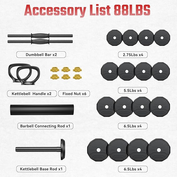 FEIERDUN Adjustable Dumbbells, 40/48/68/88lbs Free Weight Set with 4 Modes, Used as Barbell, Kettlebells, Push up Stand, Fitness Exercises for Home Gym Suitable Men/Women-FlexoryFit