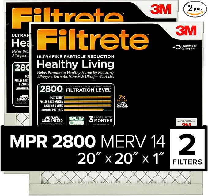 Filtrete 20x20x1 Air Filter, MPR 2800, MERV 14, Healthy Living Ultrafine Particle Reduction 3-Month Pleated 1-Inch Air Filters, 2 Filters