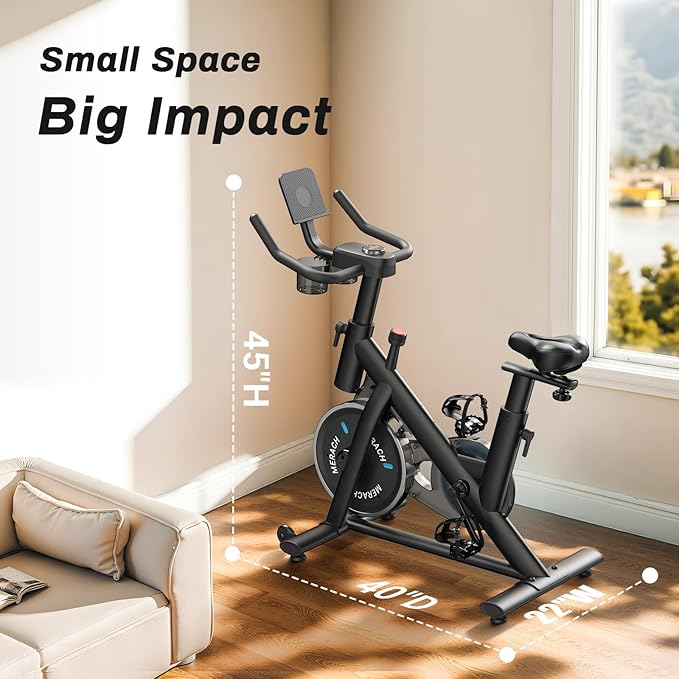 MERACH Exercise Bike, Brake Pad Stationary Bike with Exclusive App, Low Noise Indoor Cycling Bike with 300lbs Weight Capacity, Tablet Mount and Fitness Courses for Weight Loss-FlexoryFit