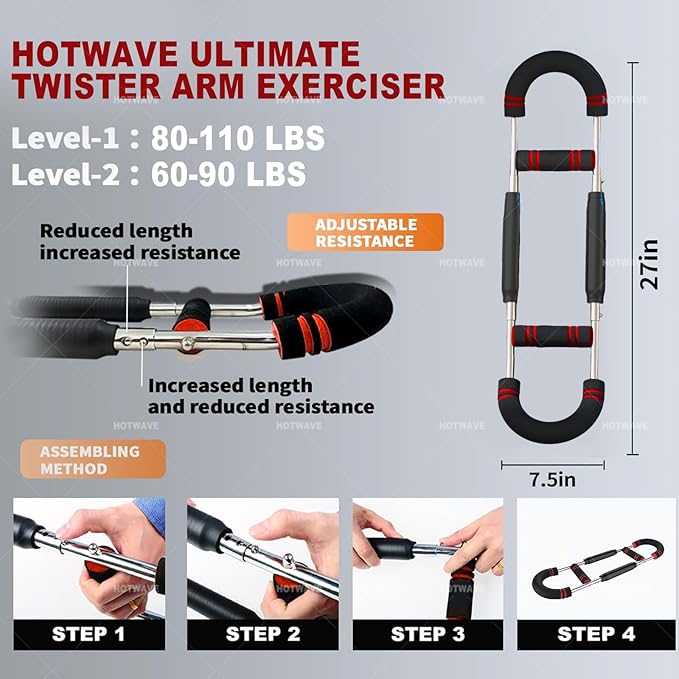 HOTWAVE Twister Arm Exerciser,Adjustable Spring Workout Bar, Forearm Triceps Chest Enhanced Exercise Strengthener,Portable Home Fitness Equipment-FlexoryFit