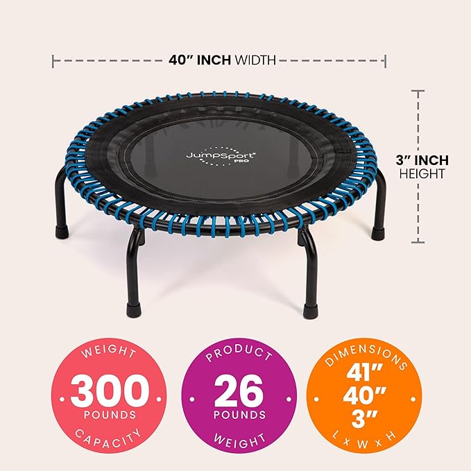JumpSport 350 PRO Indoor Heavy Duty Fitness Trampoline, 39-inch | 36 Premium EnduroLast 4 Elastic Cords | Customized Bounce with 7 Settings | 300 lb Wt. Rating | 60-Day Free Trial to 350+ Videos-FlexoryFit