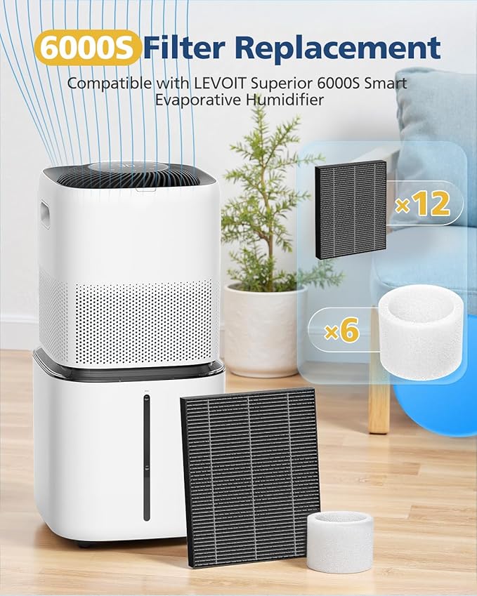 6000S Filters Replacement Compatible with LEVOIT Superior 6000S Smart Evaporative Humidifier, 12 Pack Gray 6000S Wick Filters+ 6 Pack White Top Fill Filters