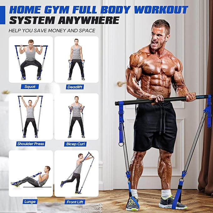 Pilates Bar Kit with Resistance Bands, Heavy Duty Pilates Equipment for Men, Strength Training Bar for Legs, Hip, Back, Arm, Abs, Chest, Shoulders, Portable Home Gym Full Body Workout Equipment-FlexoryFit