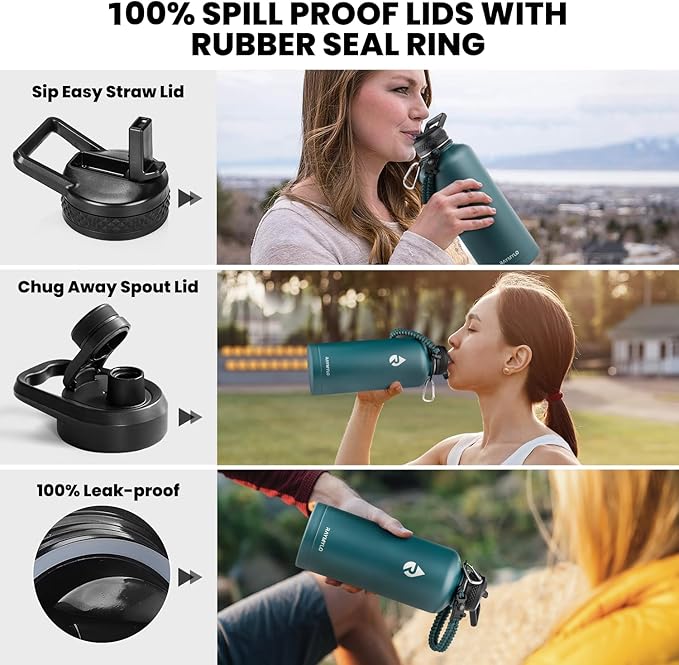 Insulated Water Bottle 87 oz, Triple Wall Vacuum Stainless Steel (Cold for 48 Hrs), Leak Proof & Non-BPA, Modern Water Flask Jug with Paracord Handle & Straw Spout Lids, Dark Green-FlexoryFit