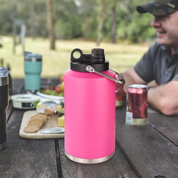 Kerilyn Insulated Gallon Jug with Handle, One Gallon, 128oz Stainless Steel, Large Double Vacuum Water Bottle for Hot & Cold Drinks, Wide Mouth, Sweat Proof, Great for Travel, Camping, Pink-FlexoryFit