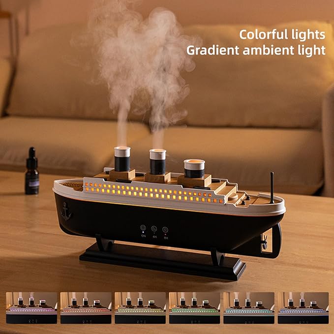 Essential Oil Diffuser, 250ml Ship Modelling Aromatherapy Ship Oil Diffuser Cool Mist Humidifier with Remote 2 Spray Mode Auto Shut-Off for Home Office(Black)