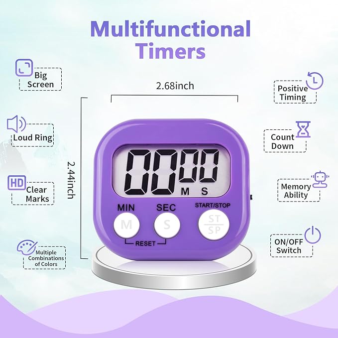 12 Pack Digital Kitchen Timer Magnetic Digital Timer with Big Display Loud Ring Cooking Timers for Kitchen Electronic Timer for Cooking, Bathing, Gym, Break Time, Classroom(12,White,Blue,Purple)-FlexoryFit