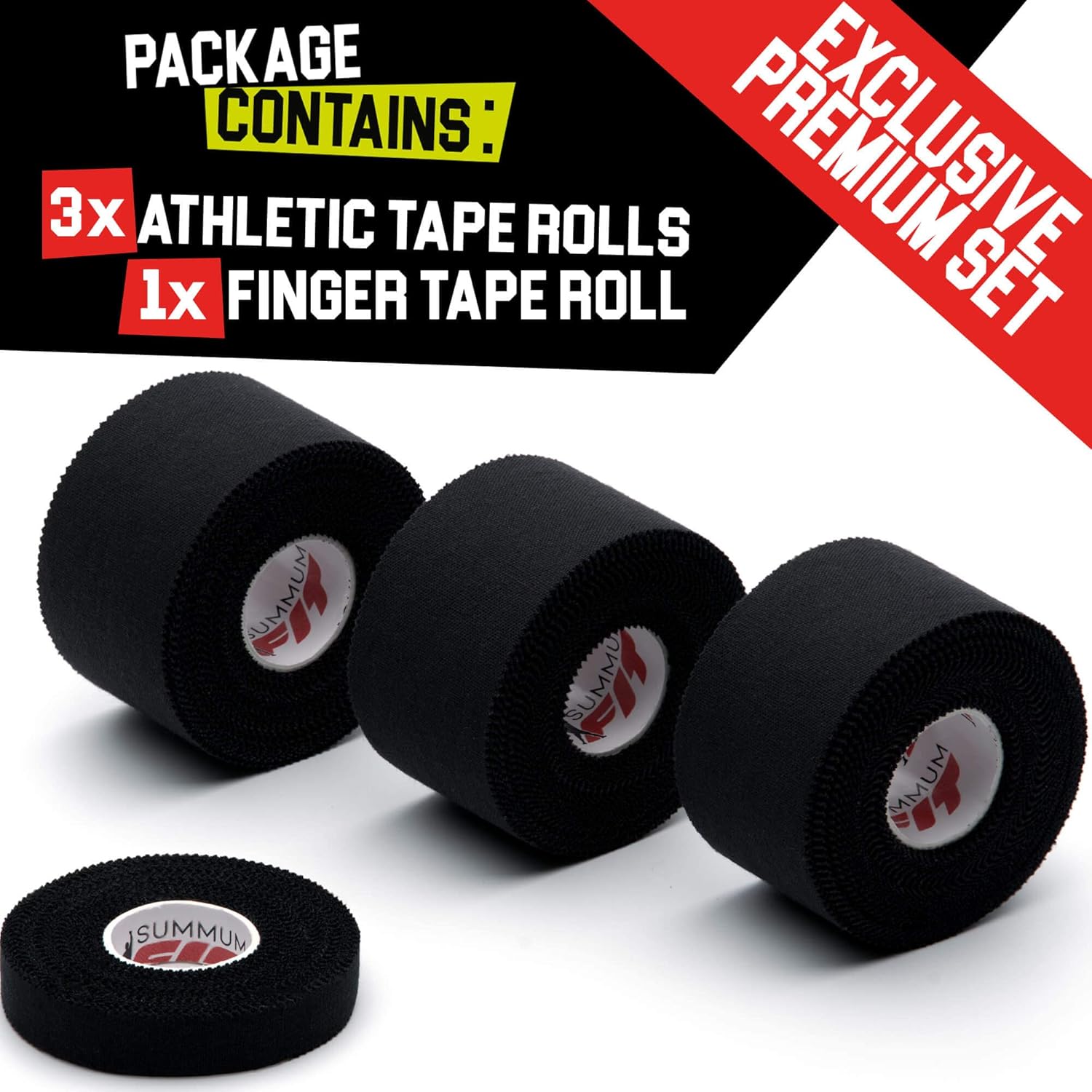 Black Athletic Tape Extremely Strong: 3 Rolls + 1 Finger Roll. Easy to Apply & No Residue. Sports Tape Athletic for Boxing Football Climbing or Gymnastics for Wrist Ankle & Hand Protection