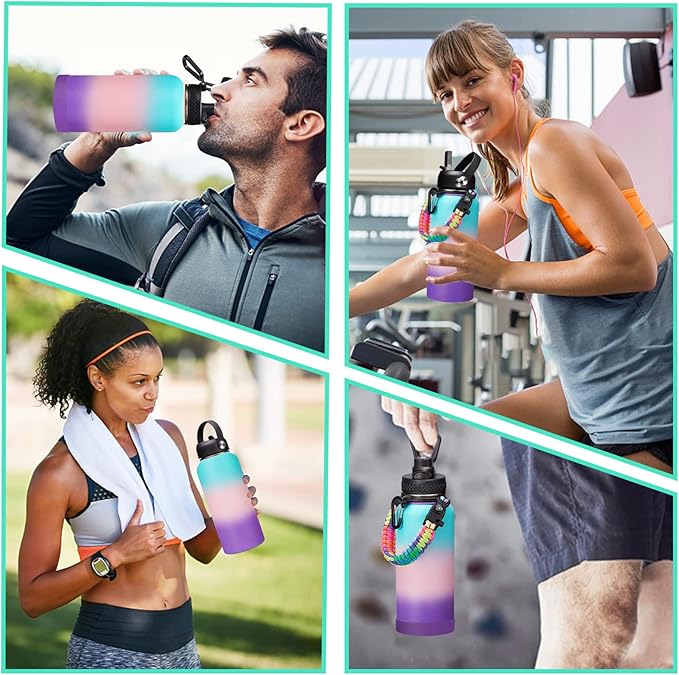 Insulated Stainless Steel Water Bottle - 32/40/64/128 oz Water Bottles with Straw & Spout Lids, Paracord Handle and Carrier Pouch, Workout Water Flask Bottle for Women Men Sport Activities-FlexoryFit