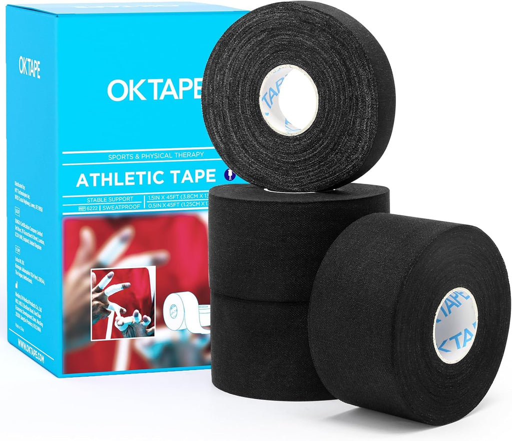 OK TAPE Athletic Tape Finger Tape, Extra Strong Adhesive Sports Tape for Weightlifting, Climbing, Basketball, Volleyball, Black 3 Rolls 1.5" x 15yds and 1 Roll 0.5in x 15yds