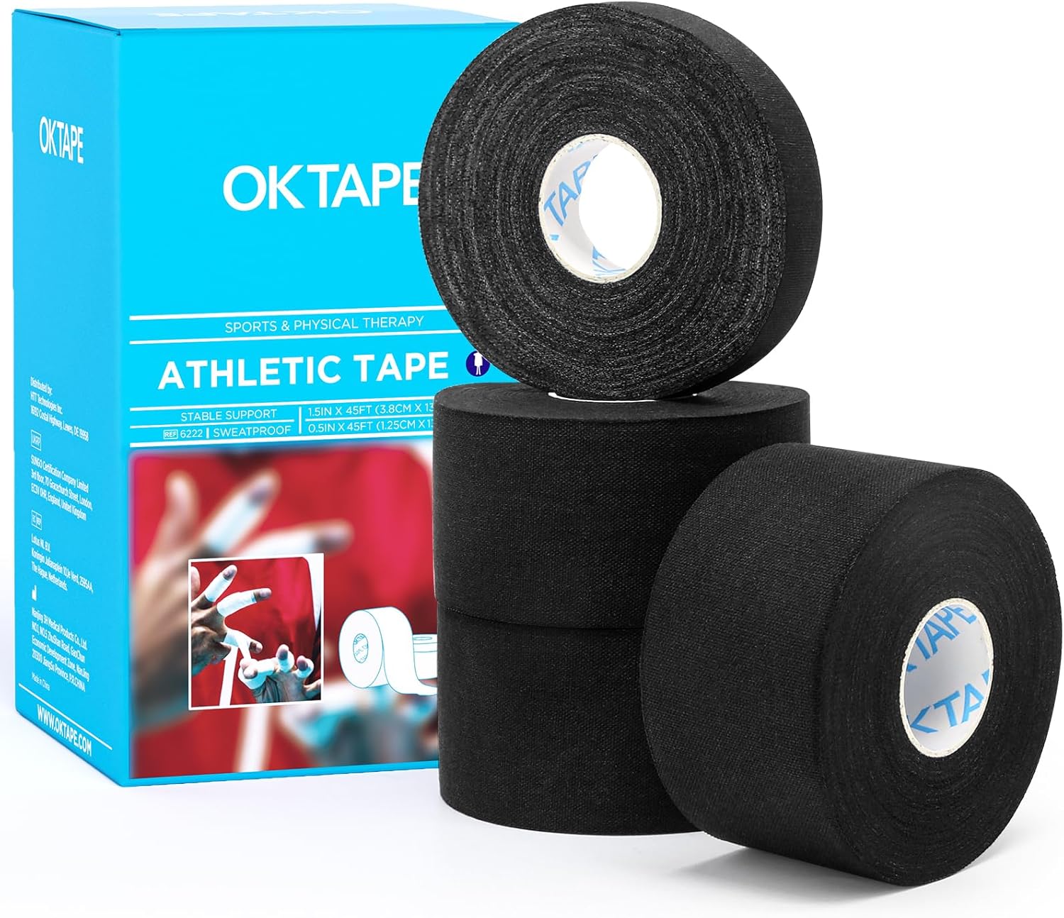 OK TAPE Athletic Tape Finger Tape, Extra Strong Adhesive Sports Tape for Weightlifting, Climbing, Basketball, Volleyball, Black 3 Rolls 1.5" x 15yds and 1 Roll 0.5in x 15yds