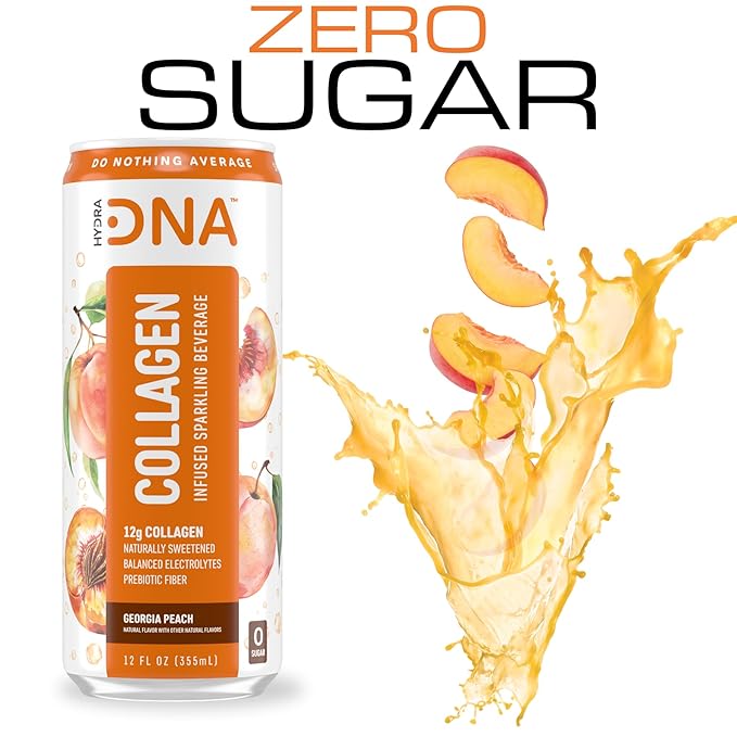 HYDRADNA- Sparkling Liquid Collagen Protein Water Drink Balanced Nutrients for Wellness - Sugar-Free - Keto-Friendly - No Gluten (12 Pack) Georgia Peach-FlexoryFit