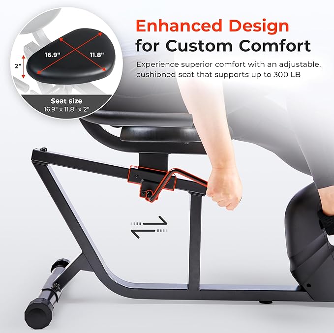 Sunny Health & Fitness Smart Heavy-Duty Recumbent Bike w/Wide Cushioned Seat & Back, Indoor Cycling Machine for Adult/Seniors Home Exercise, Free SunnyFit App Connect, Optional Workout Training Bands-FlexoryFit