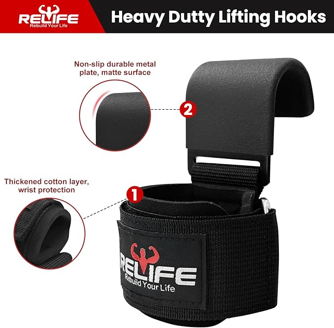 RELIFE REBUILD YOUR LIFE Lifting Hooks for Men and Women(Pair), Pull Up Straps, Gym Reapers Lifting Wrist Grips, Heavy Powerlifting, Lifting Hooks for Weight Lifting-FlexoryFit
