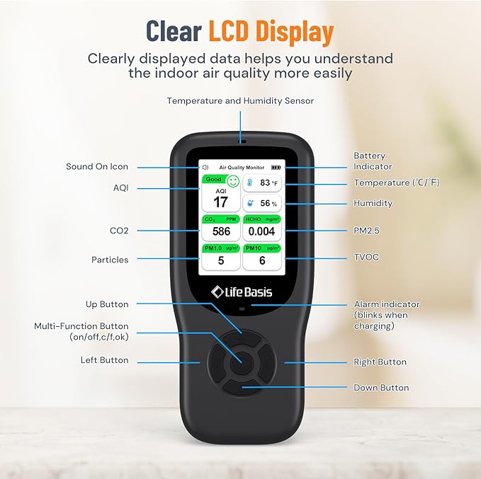 LifeBasis Air Quality Monitor Indoor, 11-in-1 Air Quality Detector with Stand, Real-Time Air Meter Test AQI, PM1.0, PM2.5, PM10, CO2, TVOC, HCHO, Particles, Temperature and Humidity, Dual Alert -Black
