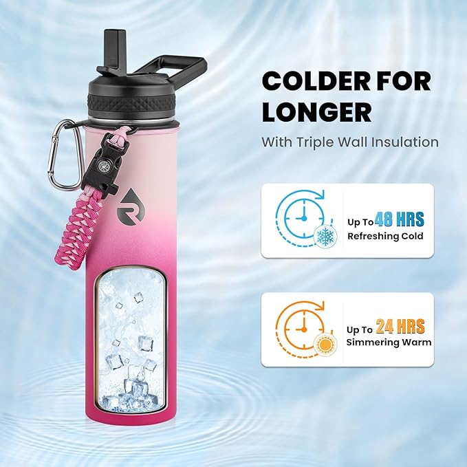 Insulated Water Bottle 24oz, Triple Wall Vacuum Stainless Steel (Cold for 48 Hrs, Hot for 24Hrs), Leak Proof & Non-BPA, 24oz Hydro Water Flask with Paracord Handle & Straw Spout Lids-FlexoryFit