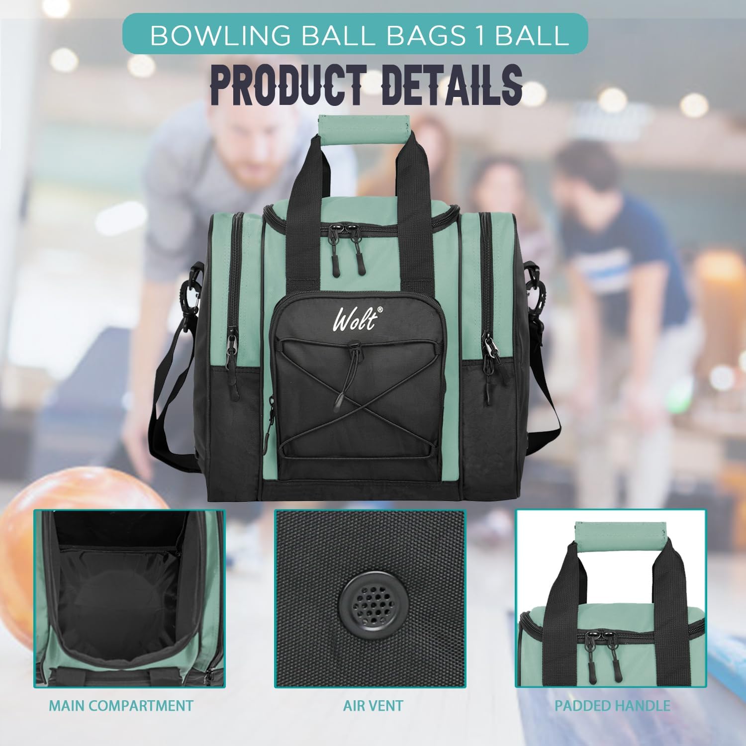 WOLT Bowling Ball Bag for Single Ball - Bowling Ball Tote Bag with Padded Ball Holder, 2 Pockets fit Bowling Shoes Up to Mens Size 14 and Accessories