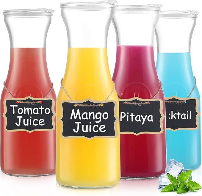 4PSC Glass Carafe with Lid, Premium Clear Water Pitcher Carafe 1 Liter Juice Containers with Lids for Brunch Cold Warm Water Beverage Wine Iced Tea Lemonade, BPA Free Shatter Proof (4)
