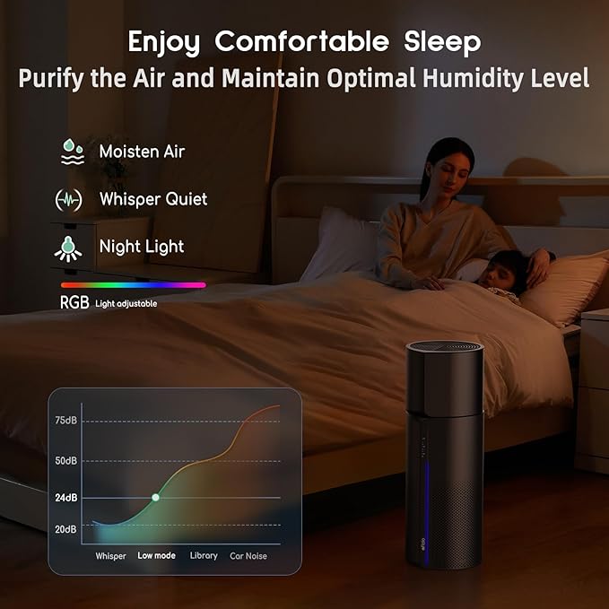 Air Purifier with Humidifier Combo, 2 in 1 Afloia 3-Stage Filters for Bedroom Pets Hair Smoker Odors, Evaporative Humidifier, Auto Shut Off, Quiet Air Cleaner with Seven Color Light, Black