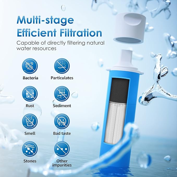 Waterdrop Gravity Water Filter Straw, Camping Water Filtration System, Water Purifier Survival for Travel, Backpacking and Emergency Preparedness, 1.5 gal Bag, 0.1 Micron, 5 Stage Filtration, Blue