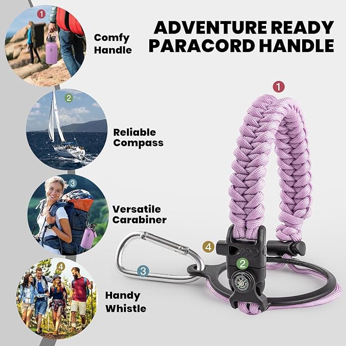 Insulated Water Bottle 64 oz, Triple Wall Vacuum Stainless Steel (Cold for 48 Hrs), Leak Proof & Non-BPA, Half Gallon Water Flask Jug with Paracord Handle & Straw Spout Lids, Lilac-FlexoryFit