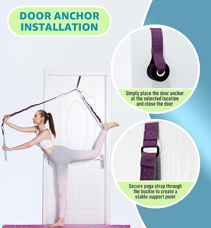 HiRui Stretching Strap Yoga Strap with Door Anchor, 14-Loops Non-Elastic Stretch Straps for Physical Therapy, Pilates, Dance, Gymnastics | Stretch Band with Workout Guide for Women & Men-FlexoryFit