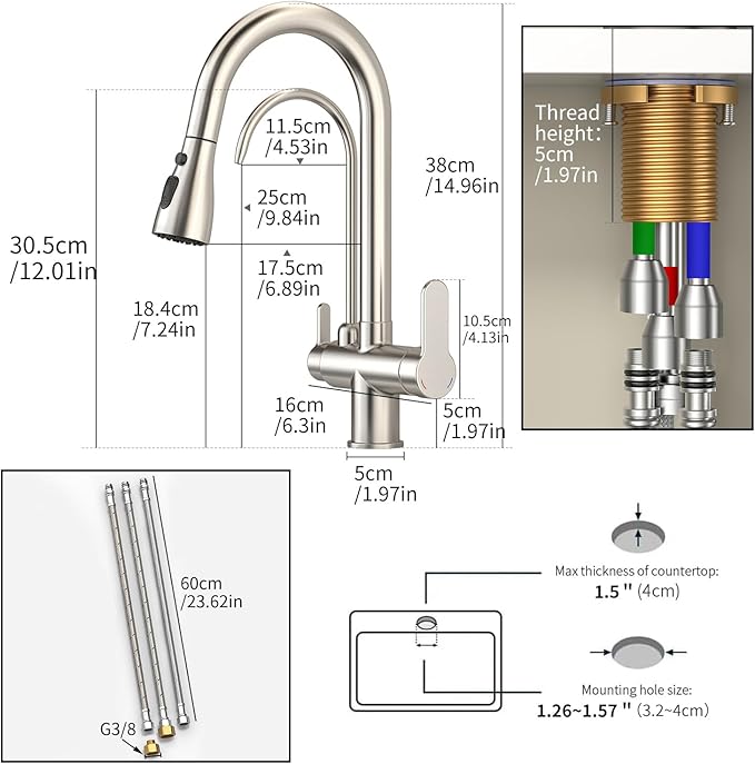 Kitchen Sink Faucet with Pull - Down Sprayer, 2 - Handle 3 - in - 1 Kitchen Sink Filter Faucet, Cold and Hot Mixer Drinking Water Faucet (Brushed Nickel-02)