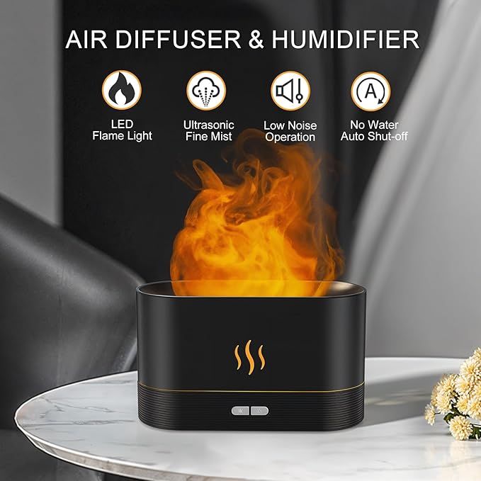 Essential Oil Diffuser, Flame Air Humidifier with Fire Led Light - 2 Rightness, 180mL Capacity (8 Hours), Auto-Off Protection Air Diffuser for Home Bedroom Office Gifts(Black)
