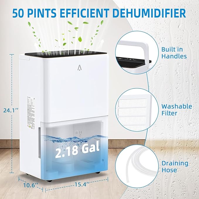 50-Pint Portable Efficient Dehumidifier for 4500 Sq.Ft – Compressor Unit with Smart Humidity Control, Adjustable Airflow & Timer, Ideal for Basements, Crawl Spaces, Garages & Large Rooms