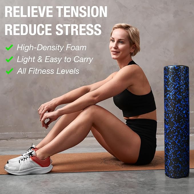 High-Density Round Foam Roller for Muscle Soreness Recovery, Exercise, Massage - 18", 24", 36" Blue Fleck (24 Inch)-FlexoryFit