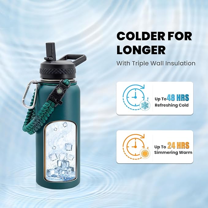 Insulated Water Bottle 32 oz, Triple Wall Vacuum Stainless Steel (Cold for 48 Hrs), Leak Proof & Non-BPA, Modern Water Flask Jug with Paracord Handle & Straw Spout Lids, Dark Green-FlexoryFit