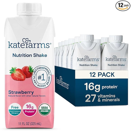 Kate Farms Organic Nutrition Shake, Strawberry, 16g Protein, 27 Vitamins and Minerals, Meal Replacement, 11 oz, 12 Pack-FlexoryFit