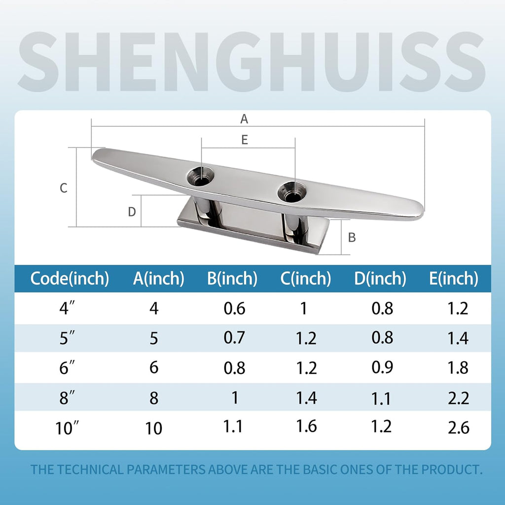 SHENGHUISS Boat Cleat 316 Stainless Steel Open Base Boat Dock Cleats with Fasteners, Marine Grade Rope Cleat for Boat, Dock, Deck, Kayak, Yacht, Nautical Decor (4"/5"/6"/8"/10")
