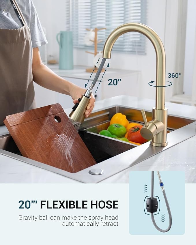 APPASO Gold Kitchen Faucet, Kitchen Faucet with Pull Down Sprayer - Stainless Single Handle High Arc Easy Installation for One Hole RV Camper Laundry Outdoors, Single Hole, Brushed Gold