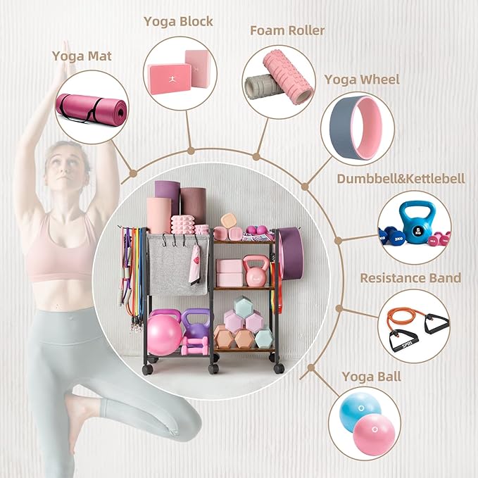 Yoga Mat Storage Rack Home Gym Equipment Organizer Holder for Foam Roller Dumbbells Kettlebells Resistance Bands and More Accessories Women Men Workout Organization with Hooks Wheels (Black)-FlexoryFit