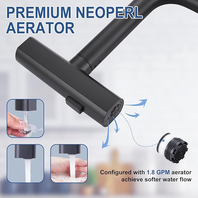 Kitchen Faucet with Pull Down Sprayer: ALEASHA Waterfall Kitchen Sink Faucet with Soap Dispenser, 3 Modes 360° Swivel Single Handle Tap for RV/Bar, Matte Black Single Hole Brass Pull Out Modern Tap