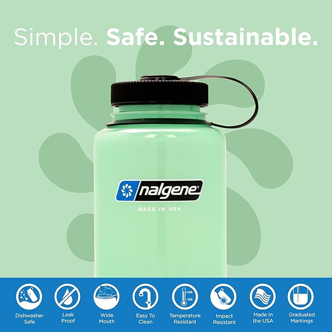 Nalgene Leak Proof Tritan BPA-Free Water Bottle - 32 oz Wide Mouth - Made in the USA for Outdoor Use & Daily Hydration (Glow Green)