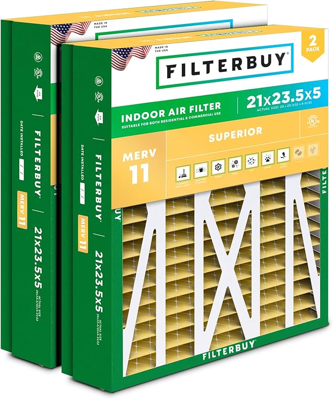 Filterbuy 21x23.5x5 Air Filter MERV 11 Allergen Defense (2-Pack), Pleated HVAC AC Furnace Air Filters Replacement for Trane Perfect Fit & American Standard (Actual Size: 20.00 x 23.09 x 4.97 Inches)