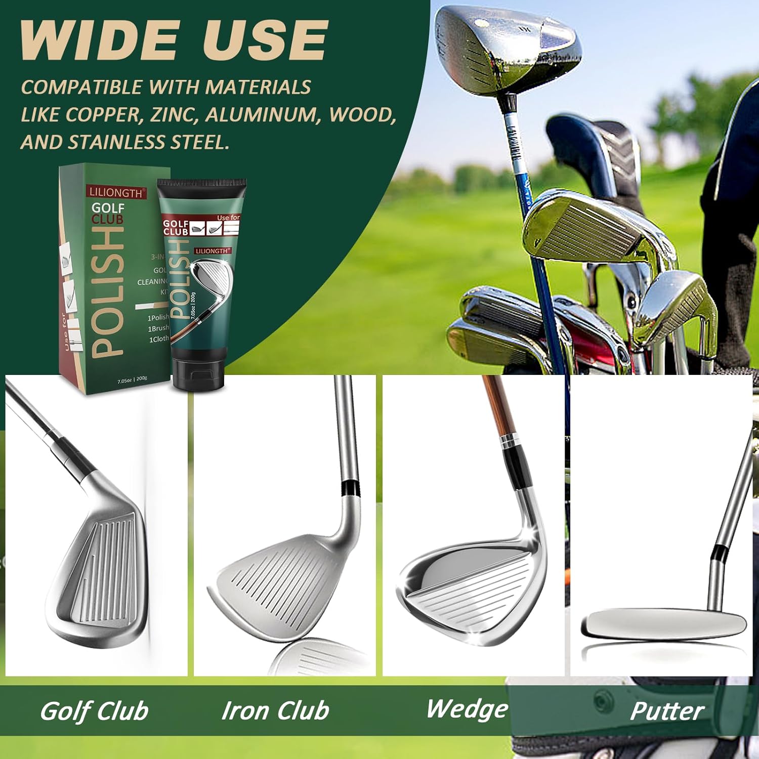 Golf Club Cleaning Kit 3-in-1 with Golf Club Cleaner Brush, Towel and 200g Golf Club Polish - Golf Club Care Kit for Instant Groove Rust & Scratch Remover - Golf Accessories for Men