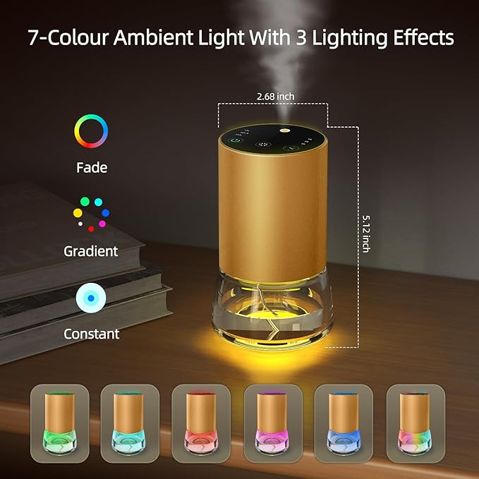 Waterless Essential Oil Diffuser 100ML Large Capacity Battery Operated Cordless Aromatherapy Diffuser with Timing & 3 Mist Levels car Diffuser 7 Colour Led Lights (Champagne)