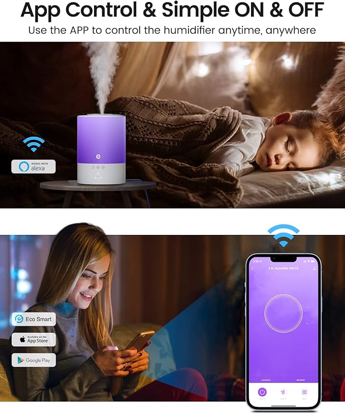 Esemoil Cool Mist Humidifiers for Bedroom Large Room, 2.5L Smart WiFi Baby Air Humidifier with Top-Fill & 28dB Quiet, 24H Ultrasonic Diffuser for Plants, 8 Color Light, Voice Control, Works with Alexa
