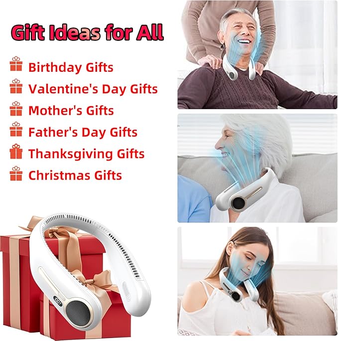 Portable Neck Fan,Hands Free Personal Wearable Bladeless Fan,6000mAh USB Rechargeable,360° Cooling,LED Display,4-Speeds,Birthday Gifts for Men Women Dad Mom,Outdoor Indoor Travel Camping (White)